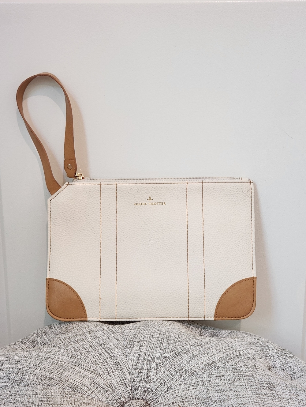 Globe Trotter Cream & Tan Leather Wristlet Clutch